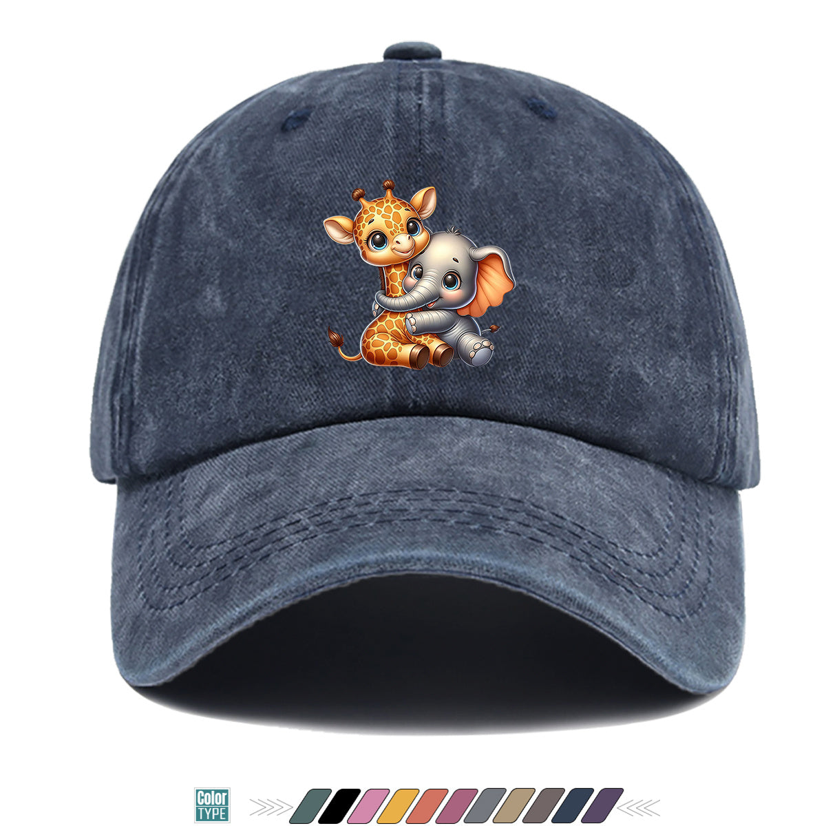 1pc Cartoon Giraffe and Baby Elephant Hugging Print Baseball Cap, Cute Animal Pattern Sun Hat, Stylish Casual Versatile Unisex Adjustable Snapback Cap, Outing Hat, Bestie Shopping Hat, Outdoor Picnic Hat, Amusement Park Hat, Birthday Holiday Gift