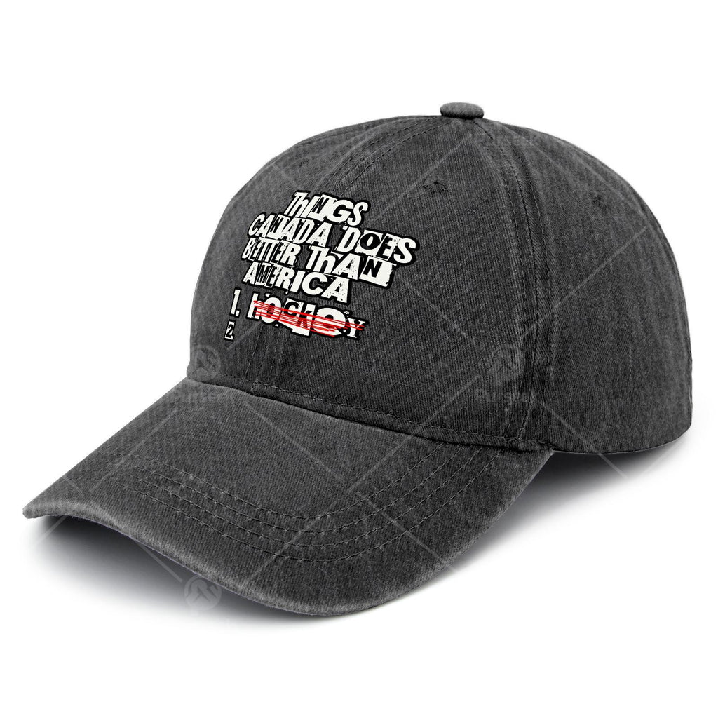 Things Canada Does Better Than America Funny Rivalry Baseball - Retro Full-Body Print Suitable for Christmas, Games, 4th of, Unisex Hat with Canadian for Events & Casual Wear