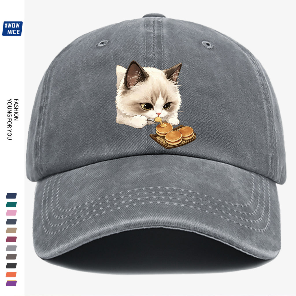 1pc 1pcs Cat Eating Muffin Baseball Cap with Kitten Print - Adjustable Unisex Hat Suitable for Men & Women, Cute, Streetwear, Café Outfits, Daily Wear, Fashionable Cap for Bestie Gatherings & Weekend Outings