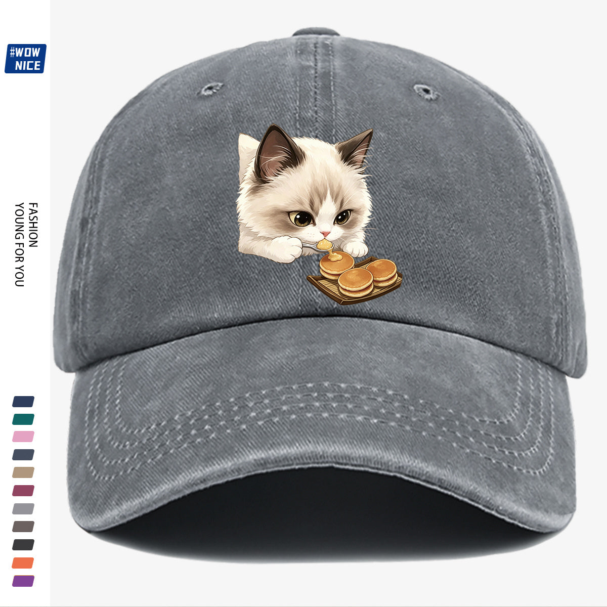 1pc 1pcs Cat Eating Muffin Baseball Cap with Kitten Print - Adjustable Unisex Hat Suitable for Men & Women, Cute, Streetwear, Café Outfits, Daily Wear, Fashionable Cap for Bestie Gatherings & Weekend Outings