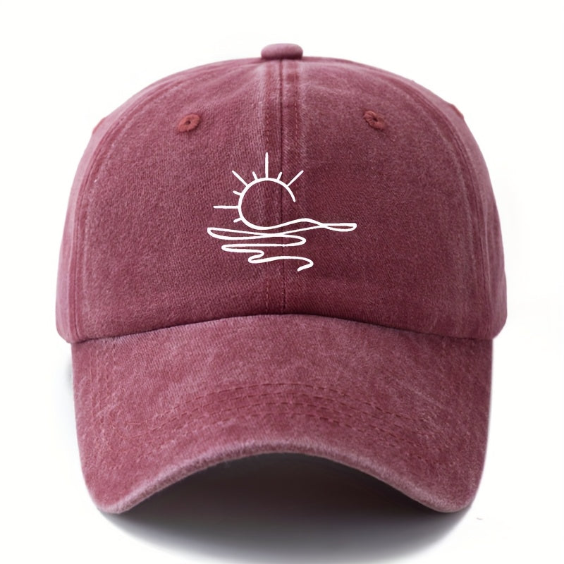 One Size Fits Most Washed Printing Sun Pattern Baseball Cap, Fashionable Curved Brim Hat, Suitable for Outdoor Vacation Travel Camping Leisure Occasions, Truck Driver Baseball Cap
