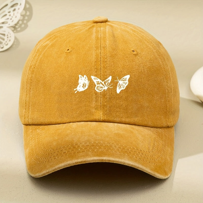 White Three-butterfly Print Women's Vintage Washed Baseball Cap, Distressed Dad Hat, Unisex Retro Foreign Trade Baseball Cap, New Soft-top Outdoor Driver's Cap, Distressed Washed Hat, Men's Hat, Women's Hat