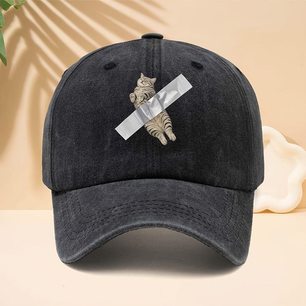 Adjustable Cat Tape-Printed Baseball Cap with Tape-Themed Tab & Curved Brim - Soft Top Trucker Hat Suitable for All- Wear, Unisex for Men & Women, Casual, Parties, Hip-Hop Outfits - Durable Comfortable Design