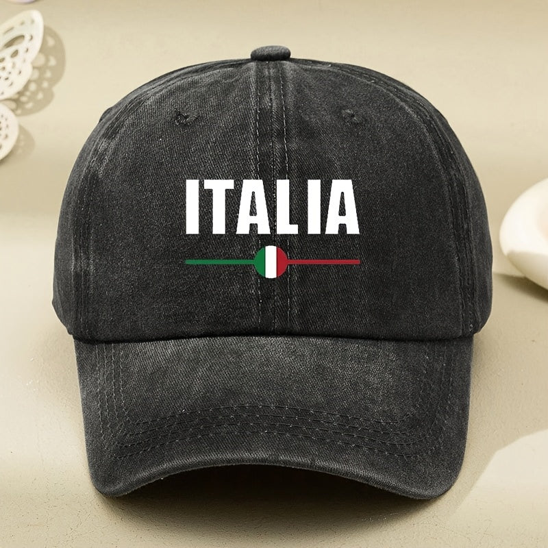 Italian White Letter Print Washed Vintage Baseball Cap, Casual Soft-Top Curved Brim Baseball Cap, Outdoor Duckbill Cap, Unisex Driver'S Cap, Distressed Washed Hat, Men'S Hat, Women'S Hat