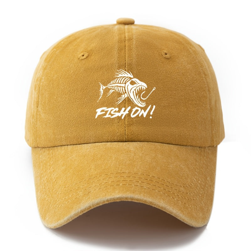 1 Unisex Fashion Printed Fishbone FISH ON Baseball Cap | Classic Vintage Washed Lightweight Curved Brim, Ideal for Outdoor Travel, Camping, Casual Daily Wear, Hip-Hop Festivals |, Woven, Brand: MAKEFGE