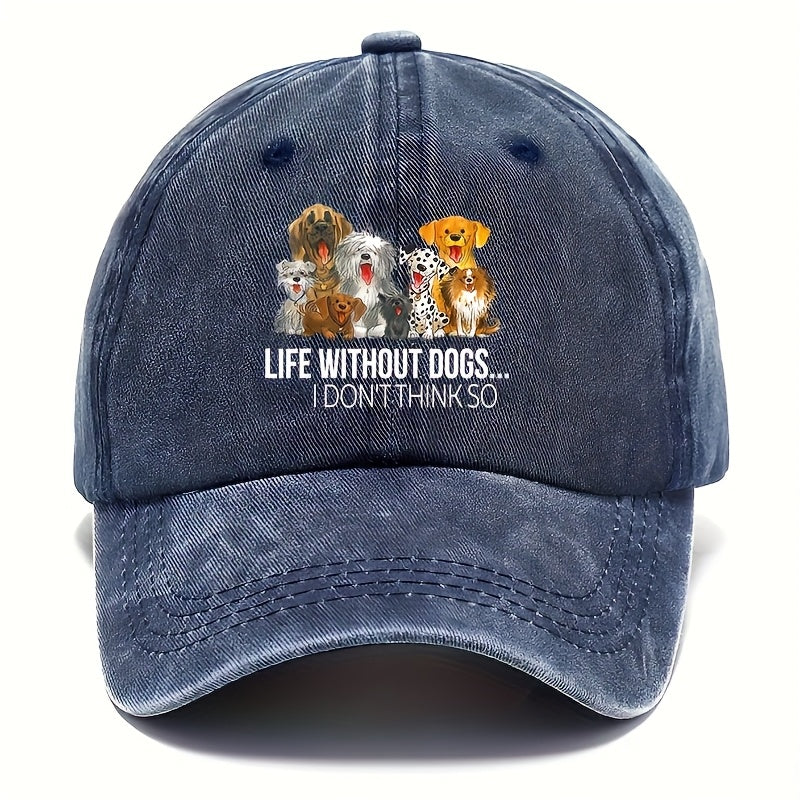 A Vintage Frayed Baseball Cap With Dog Print 100_ Cotton Adjustable Cap, Unisex Woven Fabric Dad Hat, "Life Without Dogs" Slogan
