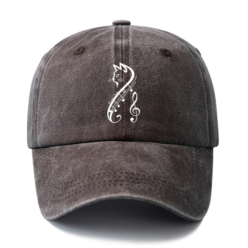 A Unisex Fashionable and Versatile Printed Cat and Musical Note Baseball Cap, Featuring a Classic Vintage Washed Lightweight Outdoor Curved Brim. This Trucker Baseball Cap Is Suitable for Casual Occasions Such as Outdoor Vacations