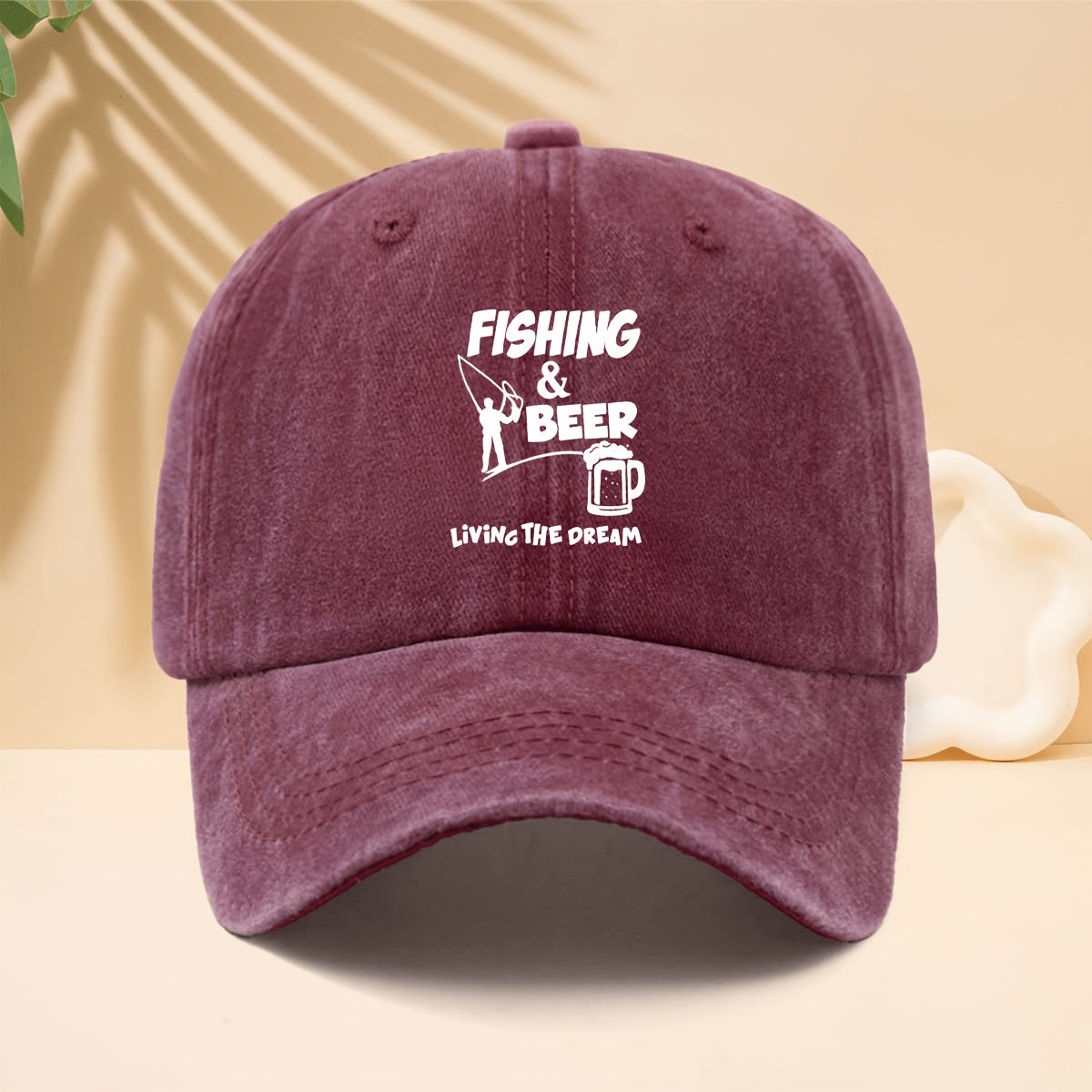 Baseball Cap with FISHING BEER Silhouette Print, American Casual Outdoor Lifestyle Design, Adjustable Size Unisex Casual Hat, All-Season Versatile Neutral Style, Curved Brim Hat for Outdoor Fishing, Parties, And Hip-Hop Style, Soft Top Design