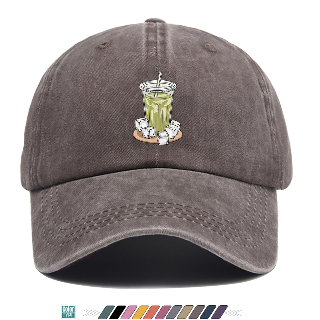 1pc Teal Green Beverage Print Baseball Cap, Featuring a Cup with a Straw, Ice Cubes Scattered Near the Cup, and a Colorful Striped Background. A Stylish and Casual Sun Hat, Unisex and Adjustable. Suitable for Street Trendsetters, Coffee Lovers