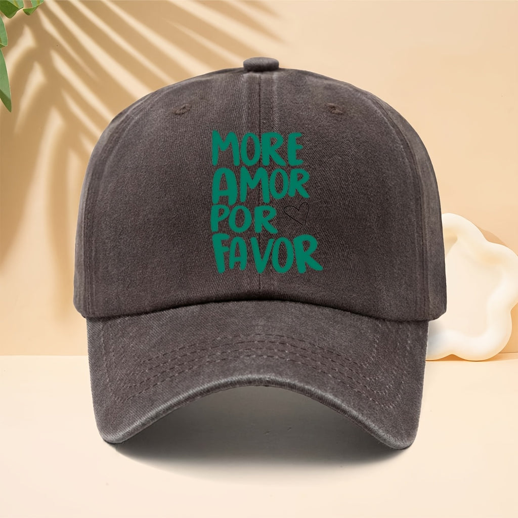A Washed Baseball Cap with The Slogan MORE AMOR POR FAVOR, a Trucker Hat for Men And Women, a Casual Hat Suitable for All Seasons, a Six-Panel Hat with a Soft Top Design, Lightweight And Suitable for Daily Commutes, Street Style, Music Festivals