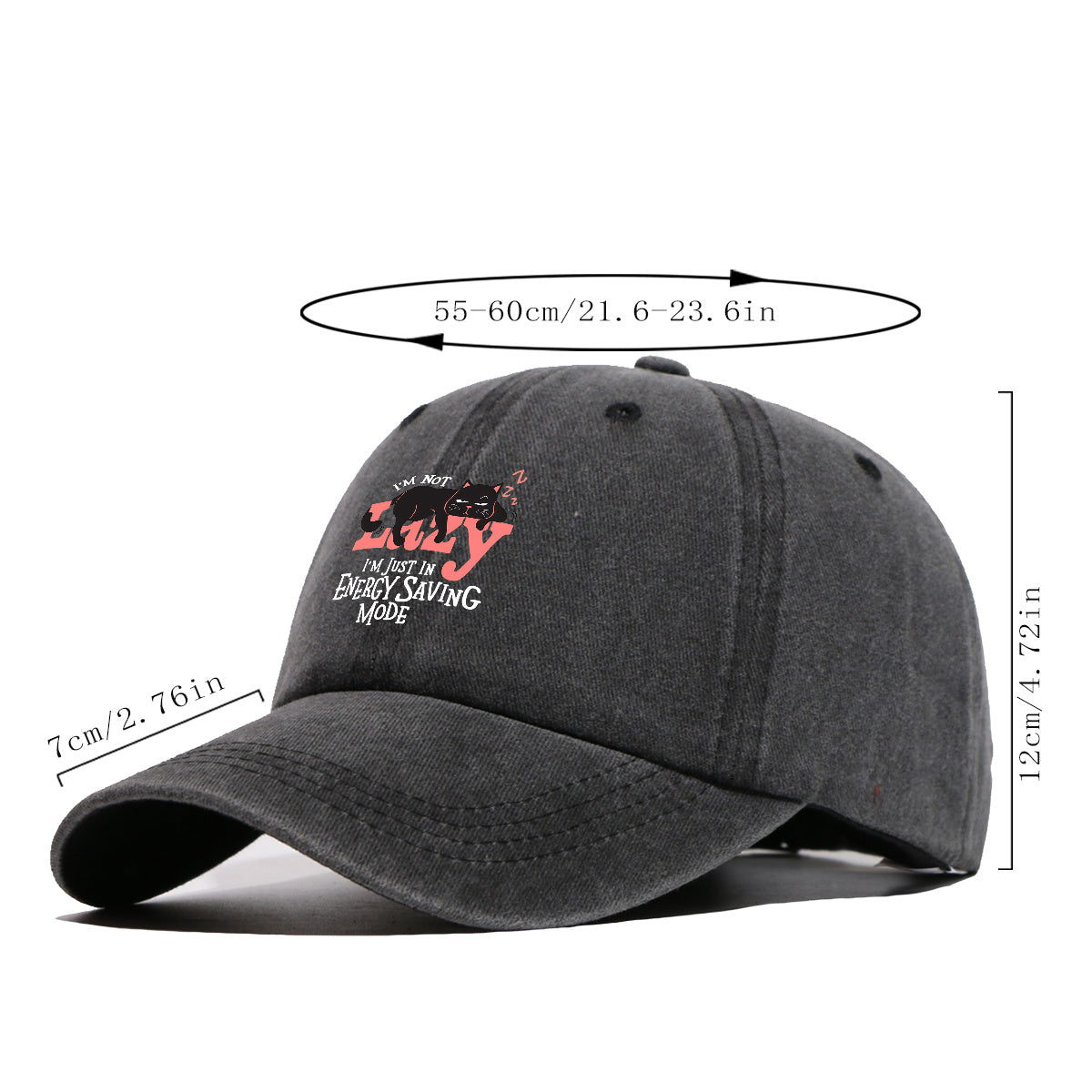 1pc "LAZY" Letter Print Baseball Cap with Lazy Black Cat Print, Fashionable Casual Duckbill Cap, Unisex Adjustable Street Style Sun Hat, for Daily Outings, Café Lounging, Weekend Lounging, Friend Gatherings, Daily Wear, Shopping, Park Strolls