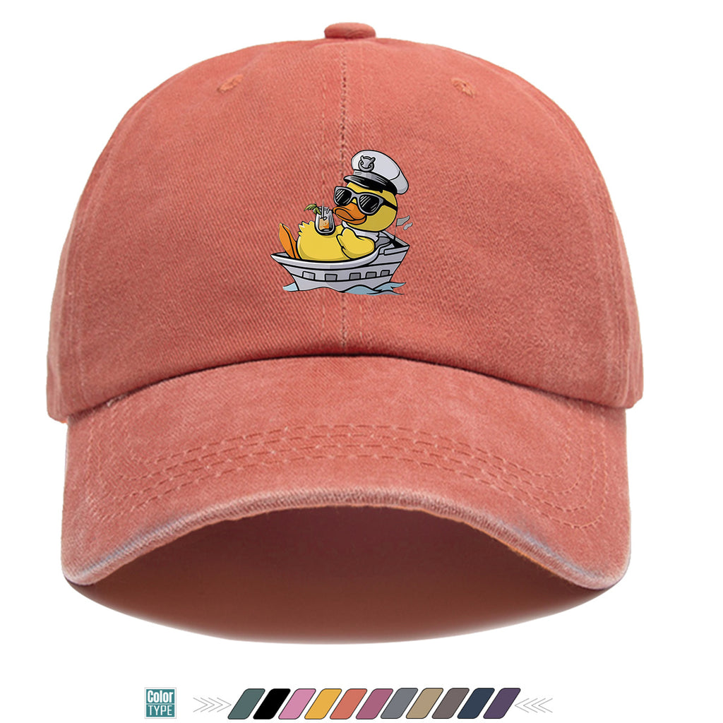 1pc Cartoon Captain Duck Printed Baseball Cap, Yellow Duck Wearing Captain Hat And Glasses, Sitting on Yacht with Drink, Fun Trendy Sun Hat, Unisex Adjustable Casual Street Fashion Hat, Outdoor Play Vacation Hat, Beach Seaside Sunshade Hat