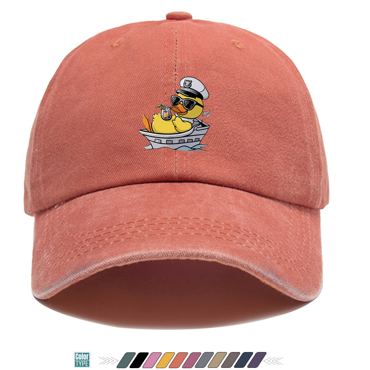 1pc Cartoon Captain Duck Printed Baseball Cap, Yellow Duck Wearing Captain Hat And Glasses, Sitting on Yacht with Drink, Fun Trendy Sun Hat, Unisex Adjustable Casual Street Fashion Hat, Outdoor Play Vacation Hat, Beach Seaside Sunshade Hat