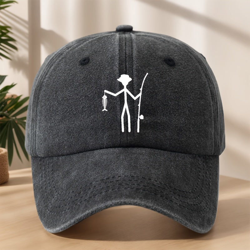 Vintage Baseball Cap | Creative Fishing Design, Soft & Comfortable, Breathable & Sweat-Absorbent Polyester, Adjustable Fit for Outdoor Sports, Fishing, Camping - Black with White Graphic Print, Fishing Hat
