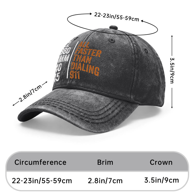 A Vintage Washed Unisex Baseball Cap with "Faster Than Dialing 911" Print, 22, 380, 9Mm Caliber, Adjustable to Sizes 40 And 45, Suitable for Outdoor Activities And Everyday Casual Wear, a Unisex Gift for Friends, Suitable for All Seasons
