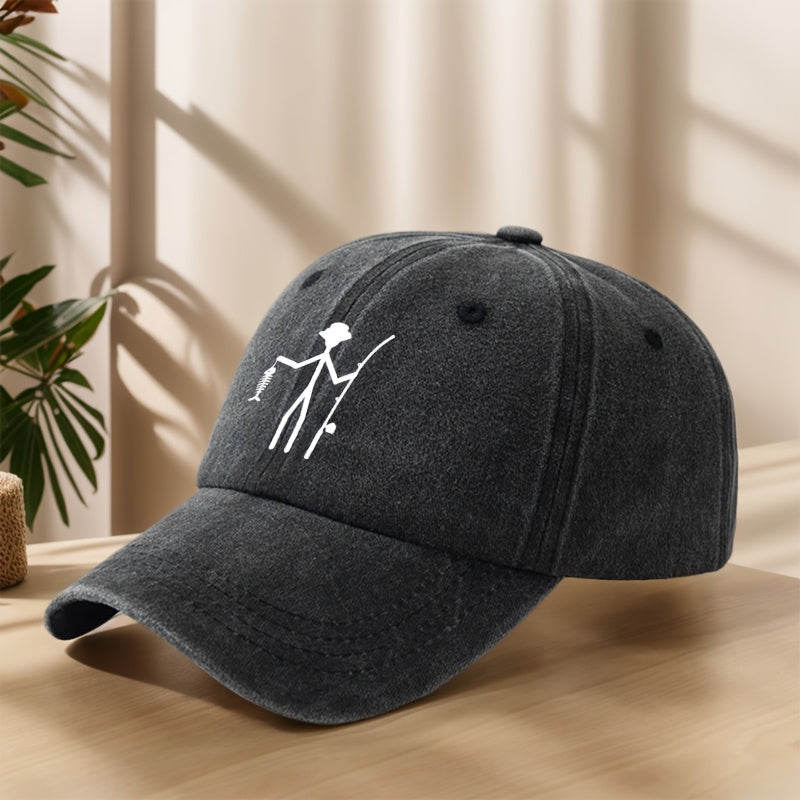 Vintage Baseball Cap | Creative Fishing Design, Soft & Comfortable, Breathable & Sweat-Absorbent Polyester, Adjustable Fit for Outdoor Sports, Fishing, Camping - Black with White Graphic Print, Fishing Hat