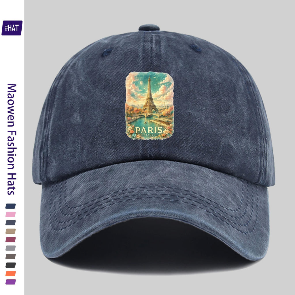 1pc Vintage Washed Distressed Duckbill Baseball Cap - Adjustable Unisex Style with Seine River Print, Lightweight And Suitable for Outdoor Fishing, Hunting, Vacations, Truck Driving, Streetwear, Parties, And Other Occasions