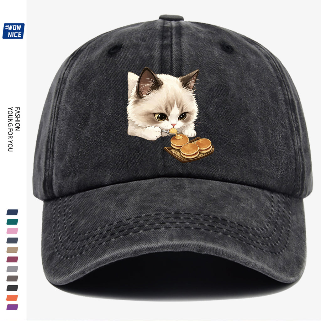 1pc 1pcs Cat Eating Muffin Baseball Cap with Kitten Print - Adjustable Unisex Hat Suitable for Men & Women, Cute, Streetwear, Café Outfits, Daily Wear, Fashionable Cap for Bestie Gatherings & Weekend Outings