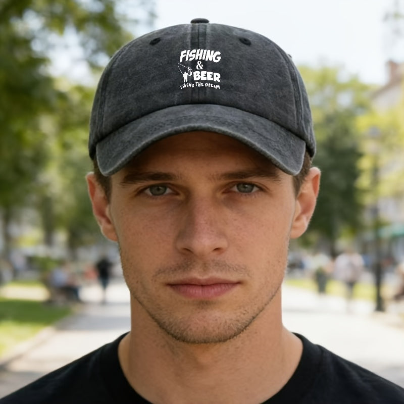 A Unisex Fashionable and Versatile Printed "FISHING&BEER" Baseball Cap, Featuring a Classic Vintage Washed Outdoor Lightweight Curved Brim Design. Suitable for Outdoor Vacations, Travel, Camping, and Other Casual Occasions. Ideal for Holiday Parties