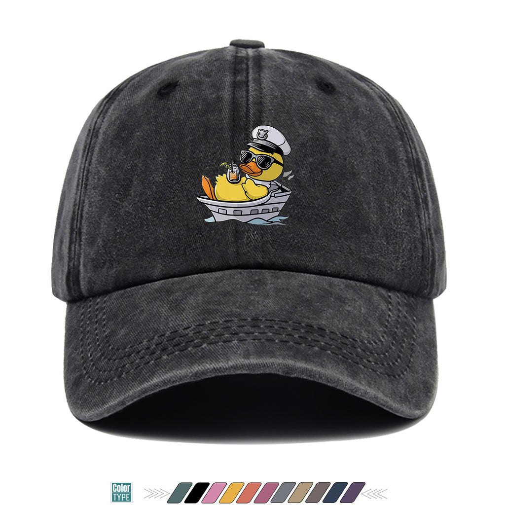 1pc Cartoon Captain Duck Printed Baseball Cap, Yellow Duck Wearing Captain Hat And Glasses, Sitting on Yacht with Drink, Fun Trendy Sun Hat, Unisex Adjustable Casual Street Fashion Hat, Outdoor Play Vacation Hat, Beach Seaside Sunshade Hat