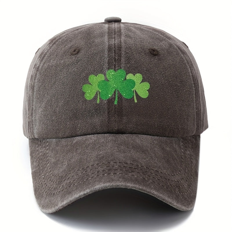 Green Clover Print Adjustable Snapback Cap - Outdoor Textile Hat with Four- Clover, Comfortable Casual Wear for, Camping, Travel, Ideal Gift Suitable for Couples & Outdoor Activities