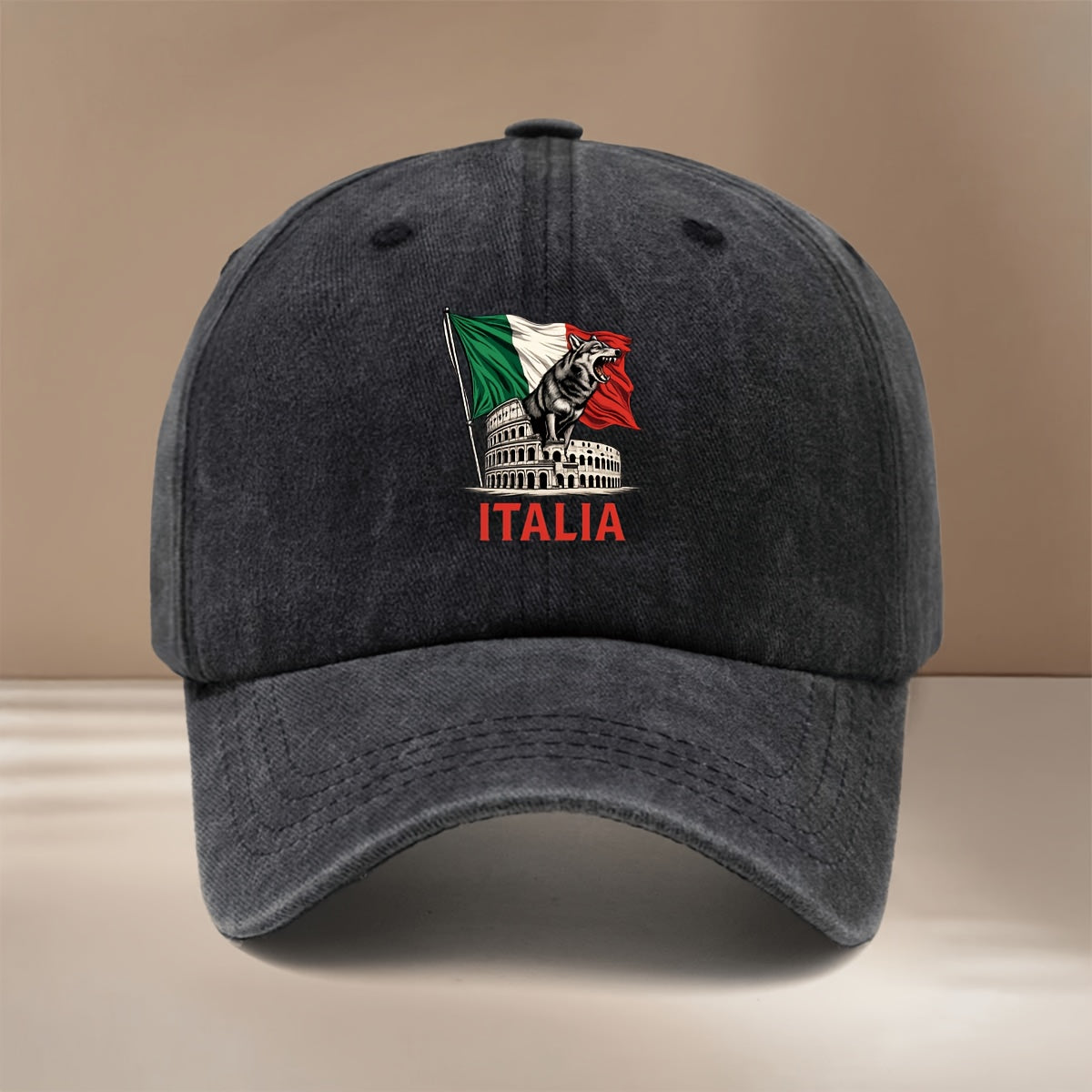 Baseball Cap with "ITALIA" Text and Wolf Graphic, All-season Versatile Fit, Casual and Relaxed Style, Textured Six-panel Design, Comfortable and Lightweight Hip-hop Cap, Adjustable Size, Curved Brim, Unisex Snapback, Trendy and Fashionable for Sports