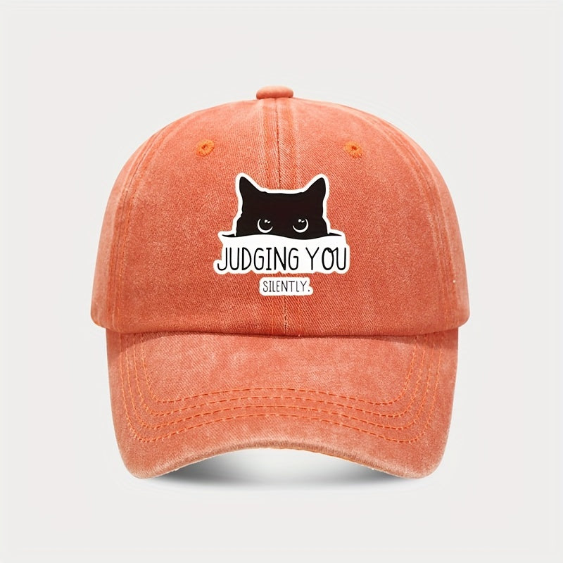 Vintage-Style Adjustable Baseball Cap Featuring a Cat Design with The Words "Silently Judging You"