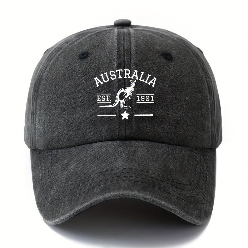 A Unisex Fashionable and Versatile Printed "AUSTRALIA" Baseball Cap with Kangaroo Logo, Featuring a Classic Vintage Washed Design, Lightweight Curved Brim, and Trucker Style. Ideal for Outdoor Vacations, Travel, Camping, and Other Casual Occasions