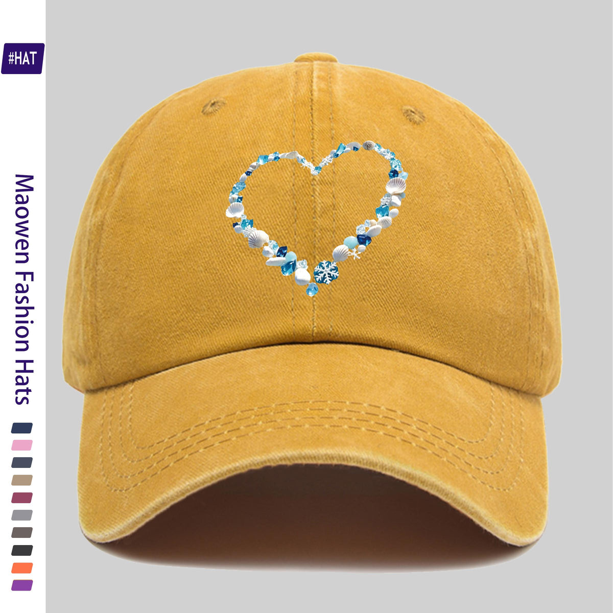 1 Shell and Ice Heart Print Washed Vintage Trucker Dad Hat- Adjustable Snapback Baseball Cap, Suitable for Sports, Outdoor Activities, Travel, and Everyday Casual Wear, Unisex, Lightweight Shell Texture Hat with Shell and Ice Heart Pattern, Durable
