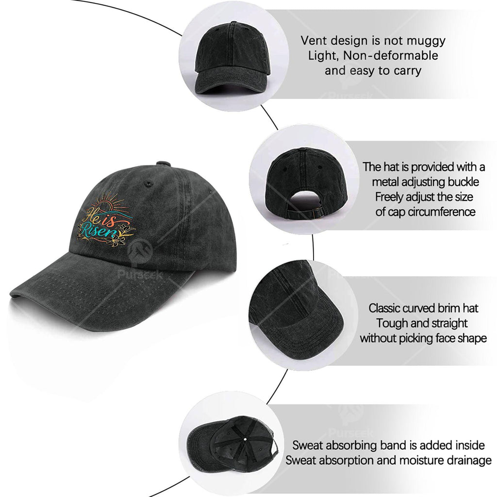 He Is Risen Christian Baseball Cap, Vintage Full-Print Religious Design, Featuring The Message "He Is Risen", Lightweight Dome-Shaped Worship Cap, Suitable for Church, Easter Gift, And Everyday Wear