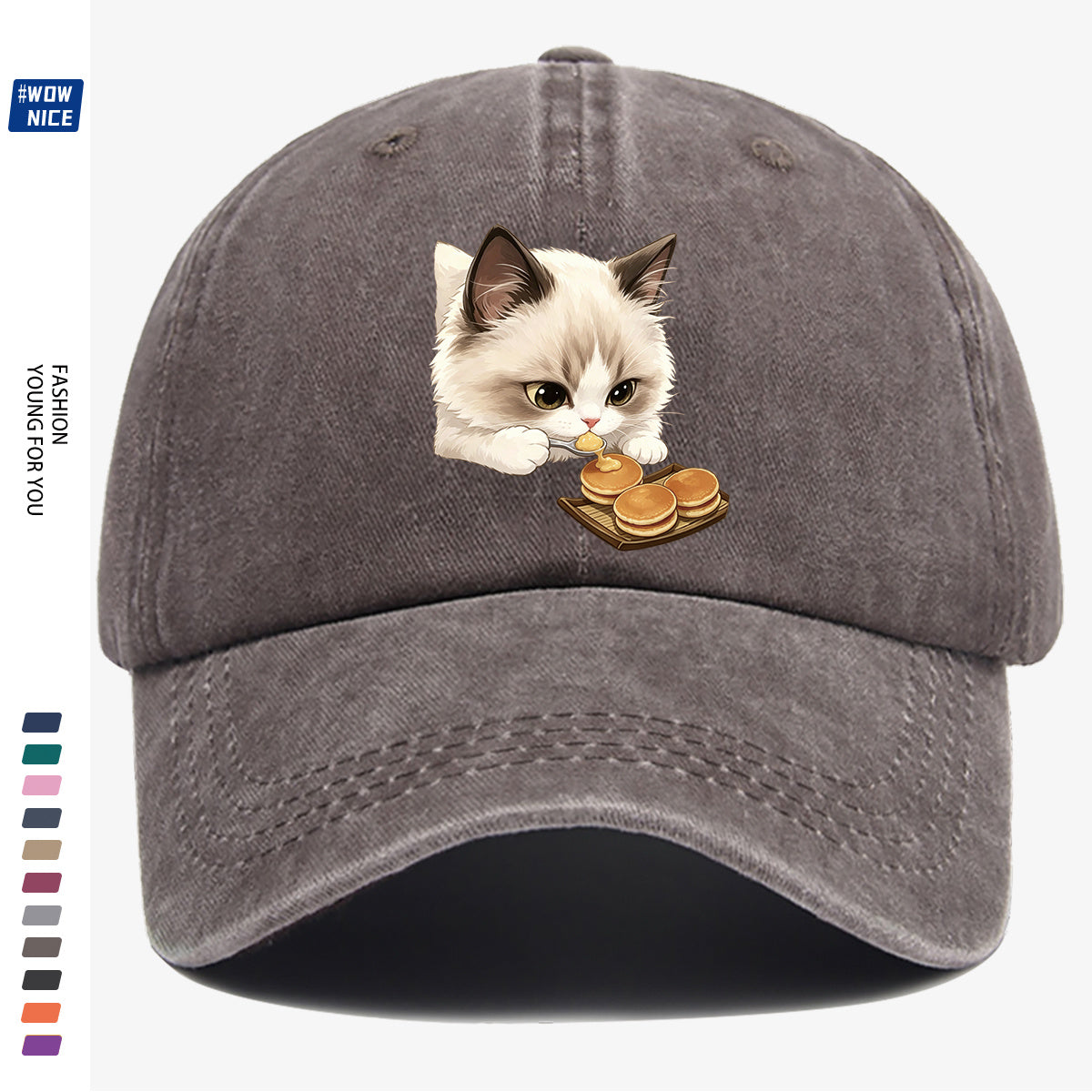 1pc 1pcs Cat Eating Muffin Baseball Cap with Kitten Print - Adjustable Unisex Hat Suitable for Men & Women, Cute, Streetwear, Café Outfits, Daily Wear, Fashionable Cap for Bestie Gatherings & Weekend Outings
