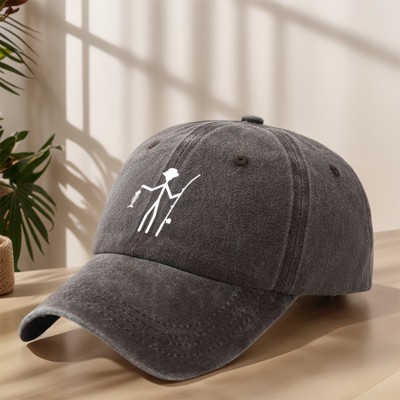 Vintage Baseball Cap | Creative Fishing Design, Soft & Comfortable, Breathable & Sweat-Absorbent Polyester, Adjustable Fit for Outdoor Sports, Fishing, Camping - Black with White Graphic Print, Fishing Hat