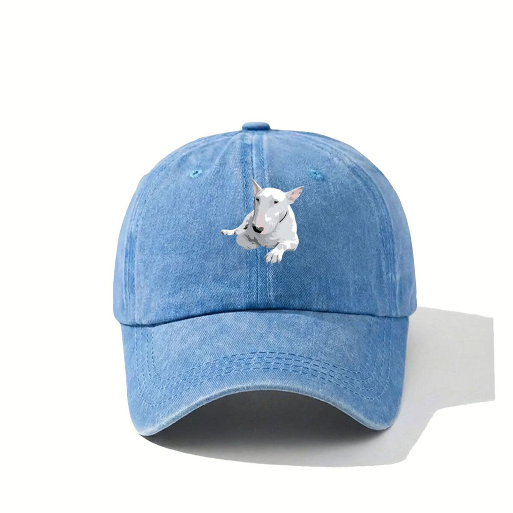 Bull Terrier Realistic White Bull Terrier Pet Portrait Art American-Style Printed Baseball Cap Vintage Washed Distressed Unisex Spring And Autumn Outdoor Sun Hat Personalized Trendy Hip-Hop Duckbill Cap