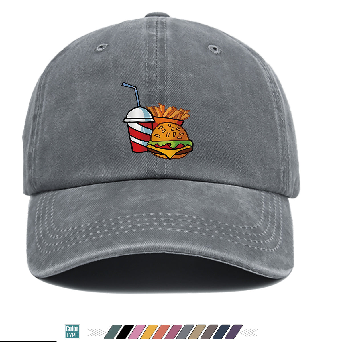1pc Fast Food Theme Hamburger Fries Drink Print Baseball Cap, Fashion Trendy Sun Hat, Easy Personalized Design, Unisex Duckbill Cap, Adjustable Size, Street Style Hip-Hop Hat, Casual Sunshade Hat, Suitable for Shopping, Parties, Picnics, Travel
