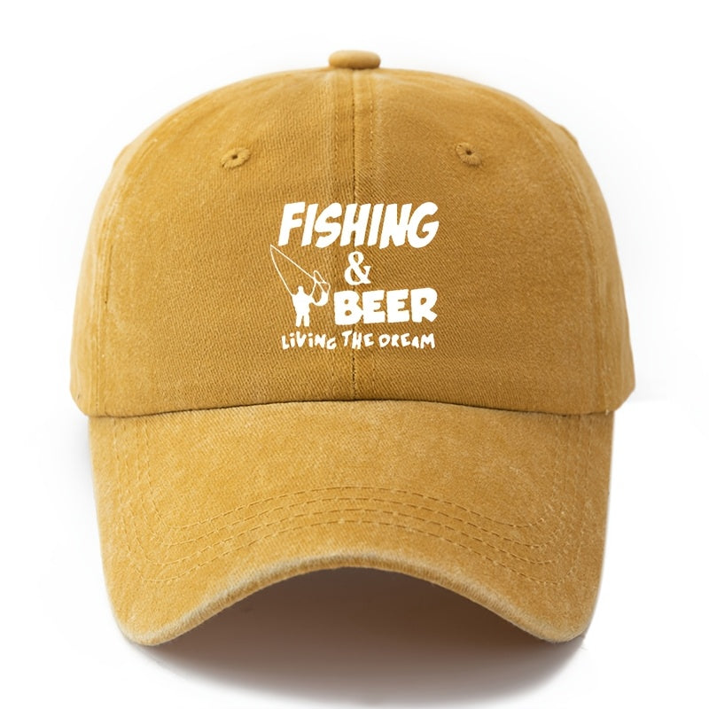 A Unisex Fashionable and Versatile Printed "FISHING&BEER" Baseball Cap, Featuring a Classic Vintage Washed Outdoor Lightweight Curved Brim Design. Suitable for Outdoor Vacations, Travel, Camping, and Other Casual Occasions. Ideal for Holiday Parties