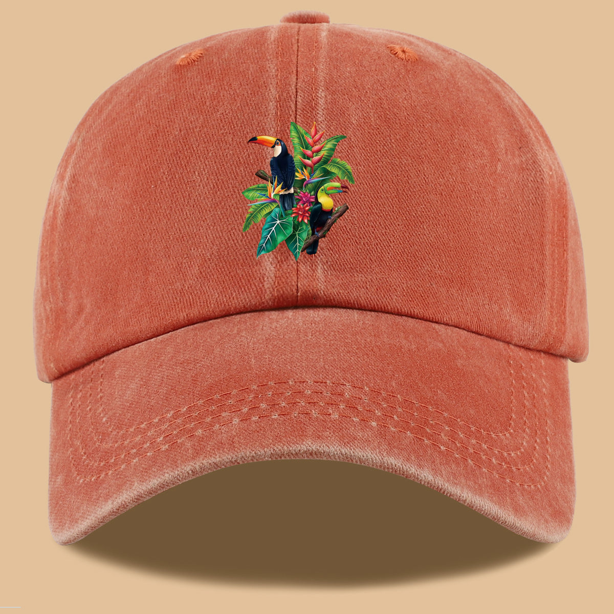 1pc Tropical Rainforest Theme Toucan Print Baseball Cap, Tropical Plant Floral Pattern Sun Hat, Fashionable And Individual Aesthetic Unisex Baseball Cap, Adjustable Size Outdoor Casual Sun Hat, Suitable for Vacation, Travel, Camping, Picnic