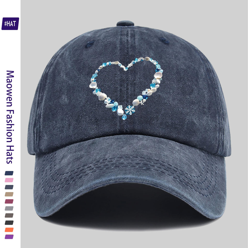 1 Shell and Ice Heart Print Washed Vintage Trucker Dad Hat- Adjustable Snapback Baseball Cap, Suitable for Sports, Outdoor Activities, Travel, and Everyday Casual Wear, Unisex, Lightweight Shell Texture Hat with Shell and Ice Heart Pattern, Durable