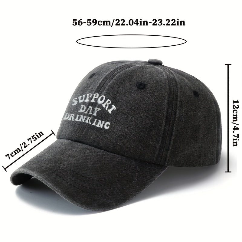 "SUPPORT DAY DRINKING" Baseball Cap - Curved Brim Trucker Hat Suitable for Outdoor Vacations, Camping, Casual Wear, Hand Washable Textile Cap with Phrase, for Day Drinking Events & Everyday Use