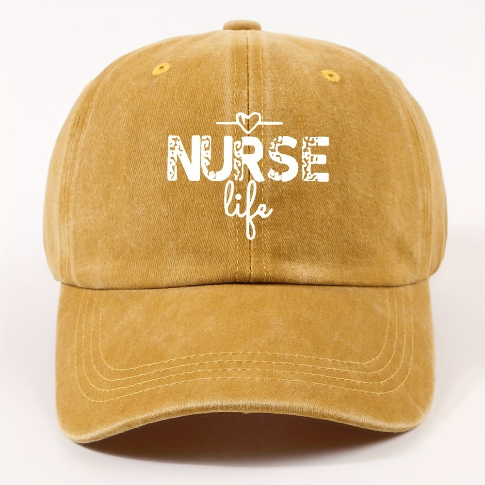 1 Fashion Nurse Letter Washed Baseball Cap Unisex Adjustable Brim Sun Hat Shopping Cycling Skateboarding Trendy Baseball Cap,  Casual Wear, Sporty Style, Geometric Pattern, Metal Buckle Closure, Durable Material, Unisex Headwear, Men And Women