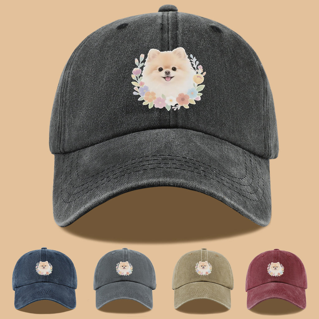 1pc Cute Pomeranian Dog Floral Surround Print Baseball Cap, Adorable Cartoon Breathable Sun Hat, Fashionable Fresh Aesthetic Unisex Cap, Adjustable Size Casual Streetwear, Campus Student Hat, Suitable for Daily Commuting, Park Outings