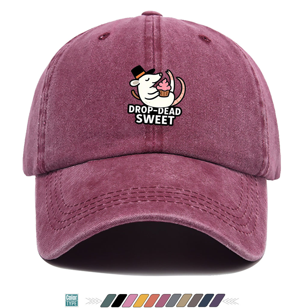 1pc 1pcs "DROP-DEAD SWEET" Mouse Top Hat & Cupcake Print Cap - Adjustable Unisex Baseball Hat Suitable for Parties, Travel, Daily Wear - Cute, Themed Outfits, Street Style for Men & Women (Powder Cream Cupcake)