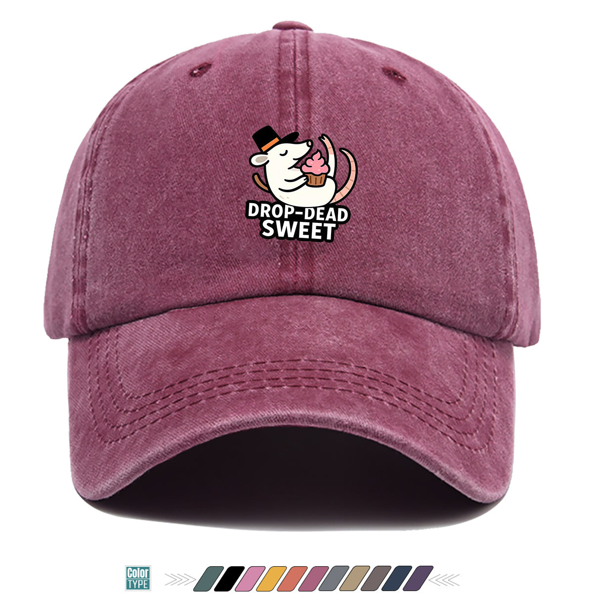 1pc 1pcs "DROP-DEAD SWEET" Mouse Top Hat & Cupcake Print Cap - Adjustable Unisex Baseball Hat Suitable for Parties, Travel, Daily Wear - Cute, Themed Outfits, Street Style for Men & Women (Powder Cream Cupcake)