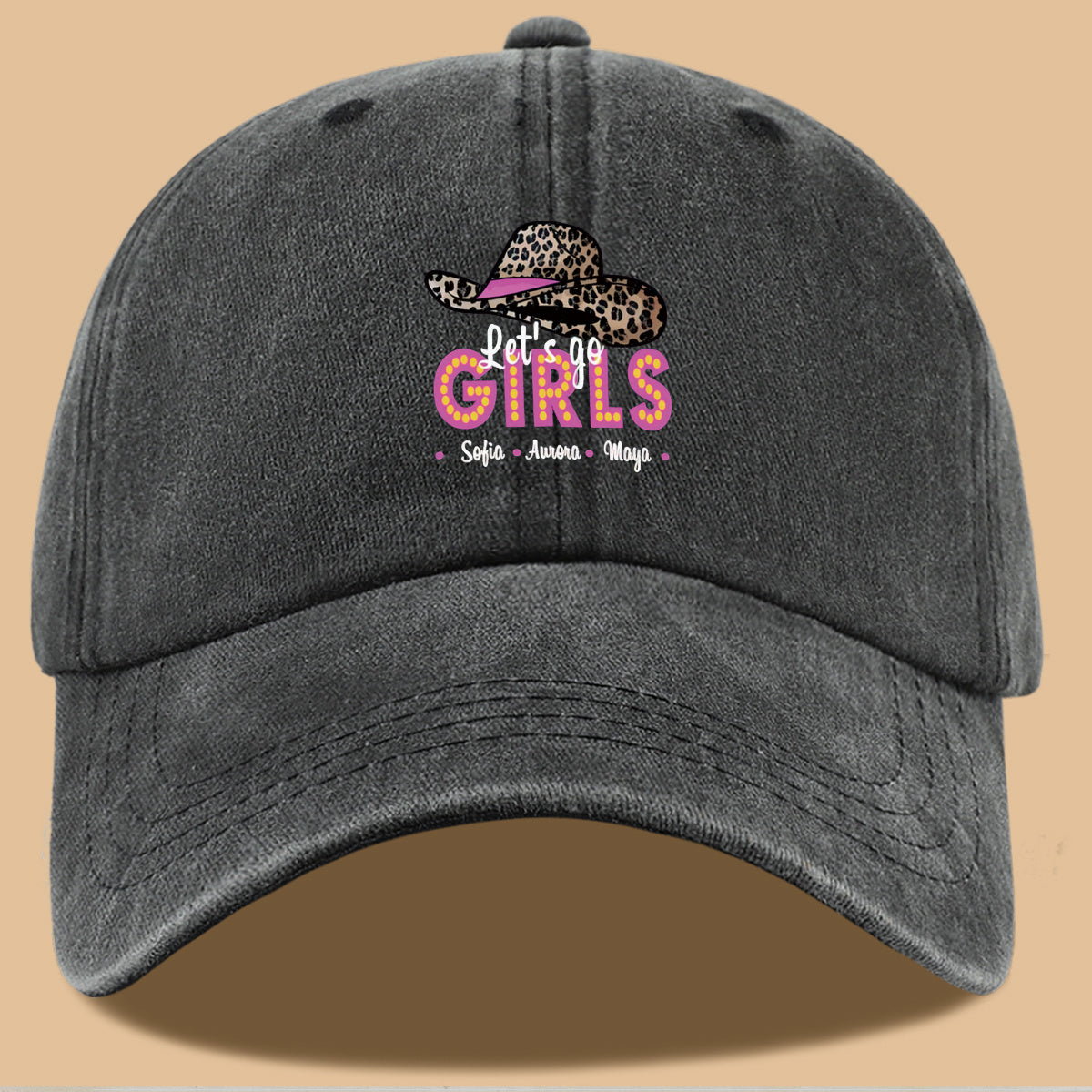 1pc Leopard Print Wide Brim Baseball Cap, Pink Brim with "Let'S Go GIRLS" Neon Style Letters, Adorned with Sofia, Aurora, Maya Names. Fashionable And Individual Sun Hat, Adjustable Size. Bestie Outing Hat, Sister Gathering Hat