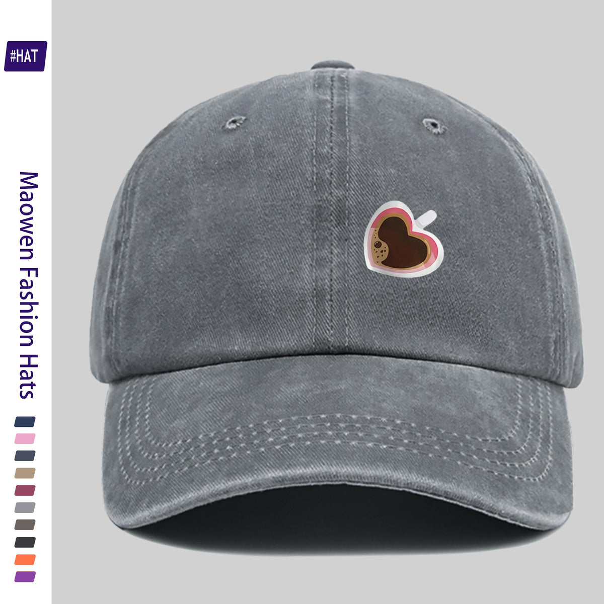 Adjustable Unisex Summer Baseball Cap with Washed Vintage Brim And Distressed Design, Featuring a Distinctive Heart-Shaped Coffee Cup Print, Embodiment of Italian-Style Retro Aesthetics. This Street-Style Skateboard Retro Snapback Hat Is Durable