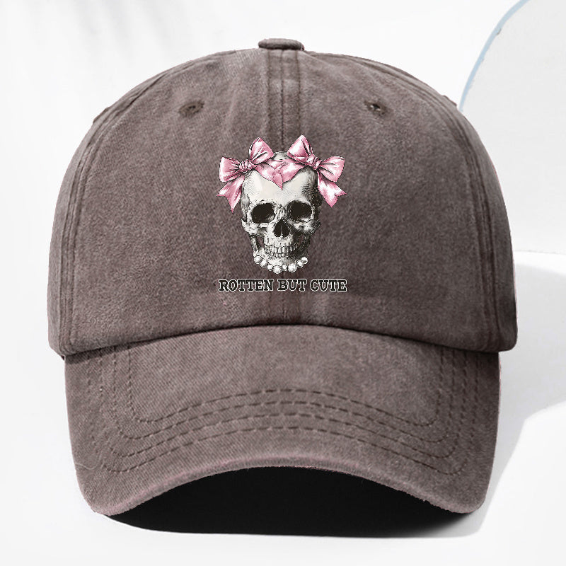 Unisex ROTTE BUT CUTE Letter Skull Print Washed Vintage Baseball Cap Fashion Men Women Sun Hat Adjustable Size Trucker Hat Suitable for All Seasons Daily Wear