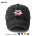 A Unisex Fashionable and Versatile Printed "MUSCLES" Baseball Cap, Featuring a Classic Vintage Washed Outdoor Lightweight Curved Brim. This Trucker Baseball Cap Is Suitable for Casual Occasions Such as Outdoor Vacations, Travel, and Camping. It Also