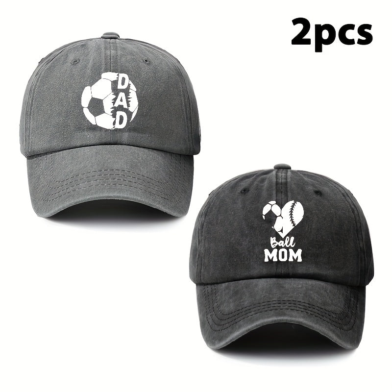 Parents' 2pcs Printed Football Heart-shaped Letter Vintage Soft-top Baseball Cap, Adjustable Style, Suitable for Daily Wear in All Seasons, an Essential Fashion Hat for Outdoor Sports, Fishing, and Camping