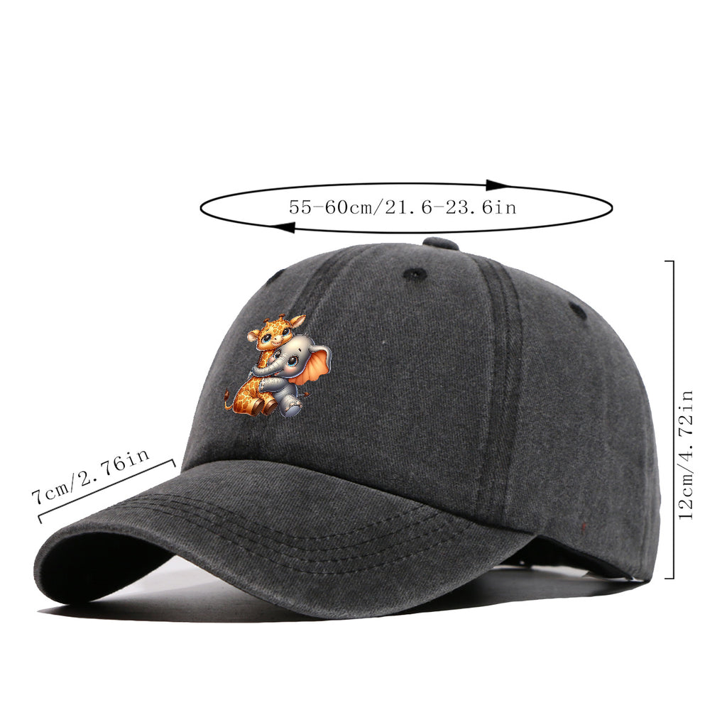 1pc Cartoon Giraffe and Baby Elephant Hugging Print Baseball Cap, Cute Animal Pattern Sun Hat, Stylish Casual Versatile Unisex Adjustable Snapback Cap, Outing Hat, Bestie Shopping Hat, Outdoor Picnic Hat, Amusement Park Hat, Birthday Holiday Gift