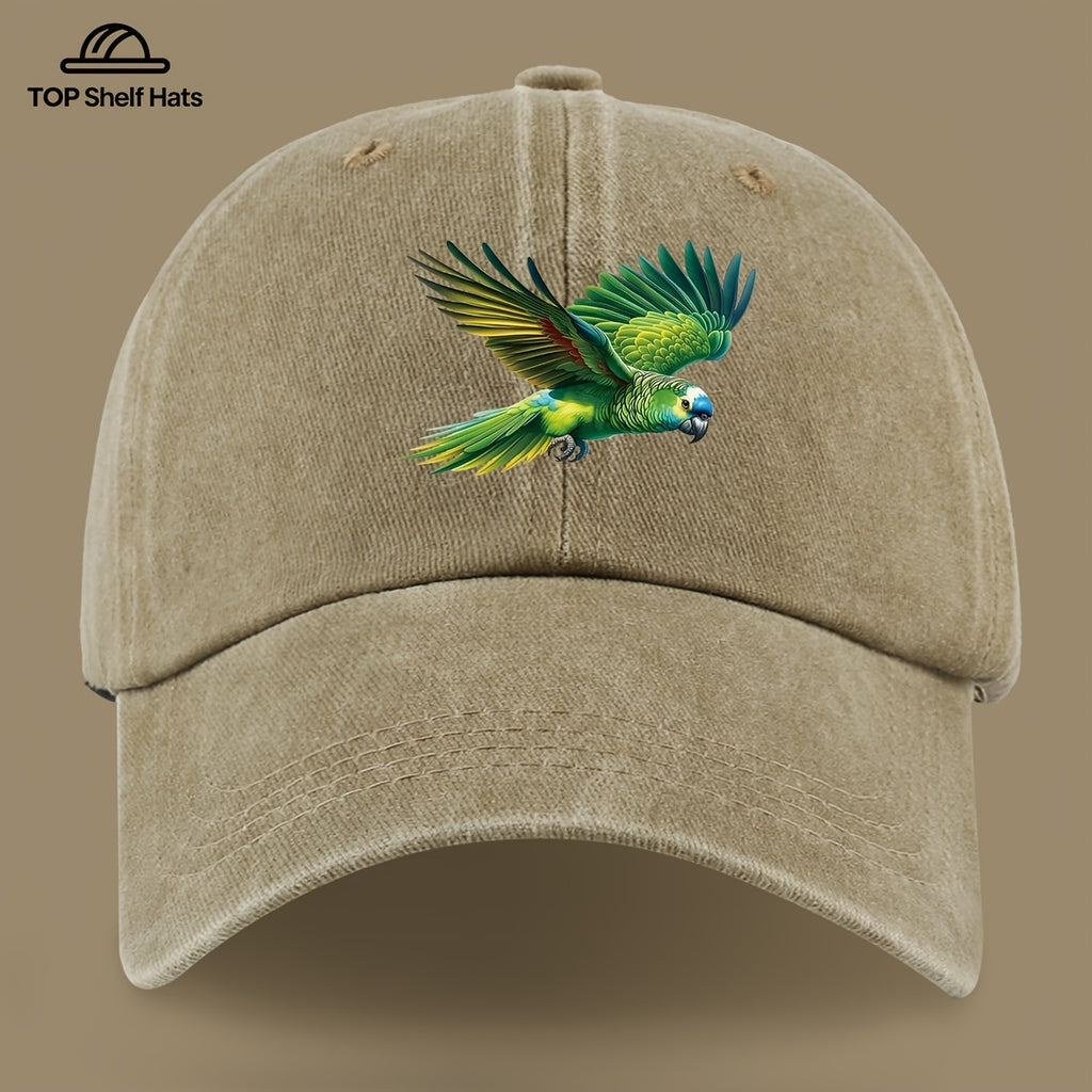 1pc Fashionable Trendy Green Parrot Pattern Design Printed Baseball Cap, Lightweight Comfortable Breathable Adjustable Size, Black PAPA Truck Driver Retro Dad Hat, Mom Beach Vacation Sun Hat, Youth Couple Outdoor Skate Cap