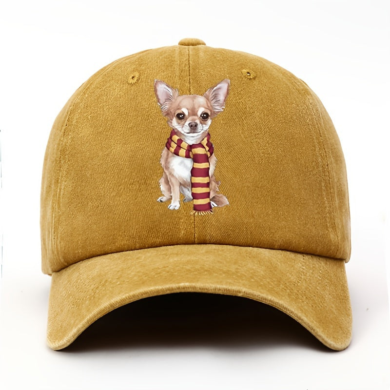 Cute Chihuahua & Scarf Print Vintage Washed Baseball Cap - Adjustable Snapback, Lightweight All-Season Outdoor Casual Hat, for New Year Celebrations, Accessory, Soft Texture, Seasonal Accessory, Playful Design, Hand Washable, Fashion Accessory